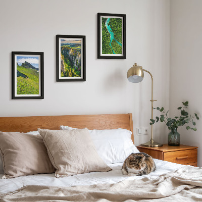 Framed triptych Green mountain landscapes with a river and rocks
