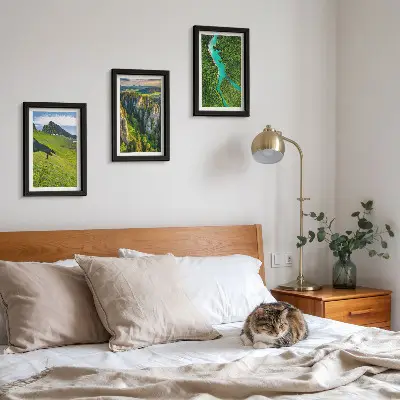 Green mountain landscapes triptych with a river and rocks in a framed set
