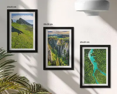 Green mountain landscapes triptych with a river and rocks in a framed set