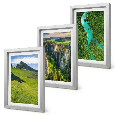 Green mountain landscapes triptych with a river and rocks in a framed set