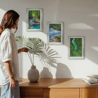 3-piece wall art set featuring green forests and crystalline river waters