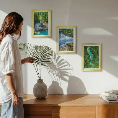 3-piece wall art set featuring green forests and crystalline river waters