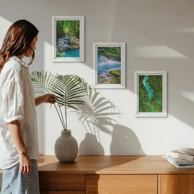 3-piece wall art set featuring green forests and crystalline river waters