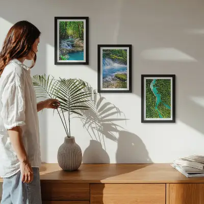3-piece wall art set featuring green forests and crystalline river waters