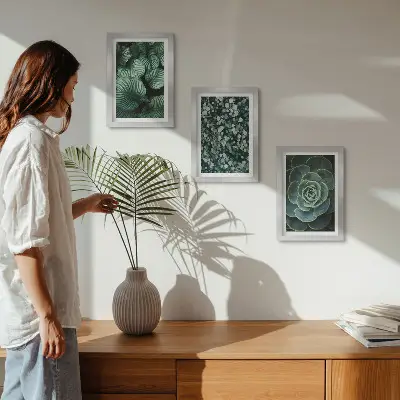 Photo frame wall gallery set with green leafy plants and stylish succulent prints