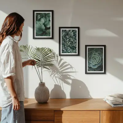 Photo frame wall gallery set with green leafy plants and stylish succulent prints