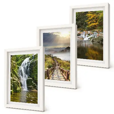 Framed triptych wall art featuring waterfalls, mountains, cloud paths, and autumn views