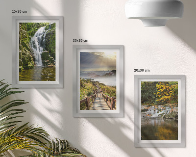 Framed triptych Waterfalls, mountains, cloud paths and autumn views