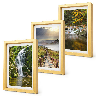 Framed triptych Waterfalls, mountains, cloud paths and autumn views
