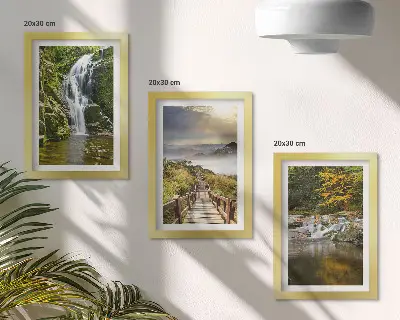 Framed triptych wall art featuring waterfalls, mountains, cloud paths, and autumn views
