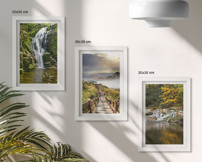 Framed triptych Waterfalls, mountains, cloud paths and autumn views