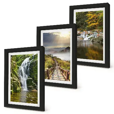 Framed triptych wall art featuring waterfalls, mountains, cloud paths, and autumn views