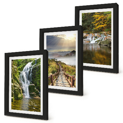 Framed triptych Waterfalls, mountains, cloud paths and autumn views