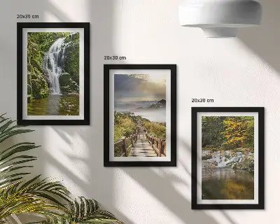 Framed triptych wall art featuring waterfalls, mountains, cloud paths, and autumn views