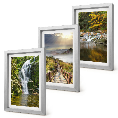 Framed triptych Waterfalls, mountains, cloud paths and autumn views