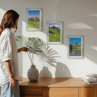 3-piece wall art set featuring green hills with a castle and mountain landscapes
