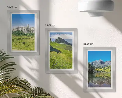 3-piece wall art set featuring green hills with a castle and mountain landscapes