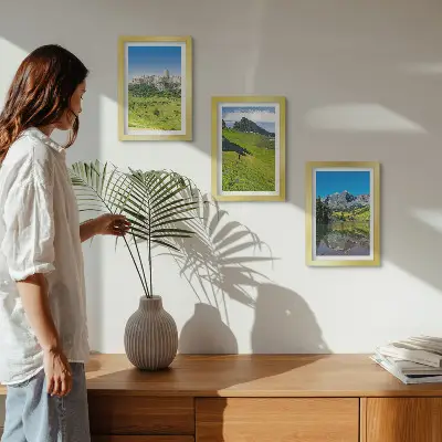 3-piece wall art set featuring green hills with a castle and mountain landscapes