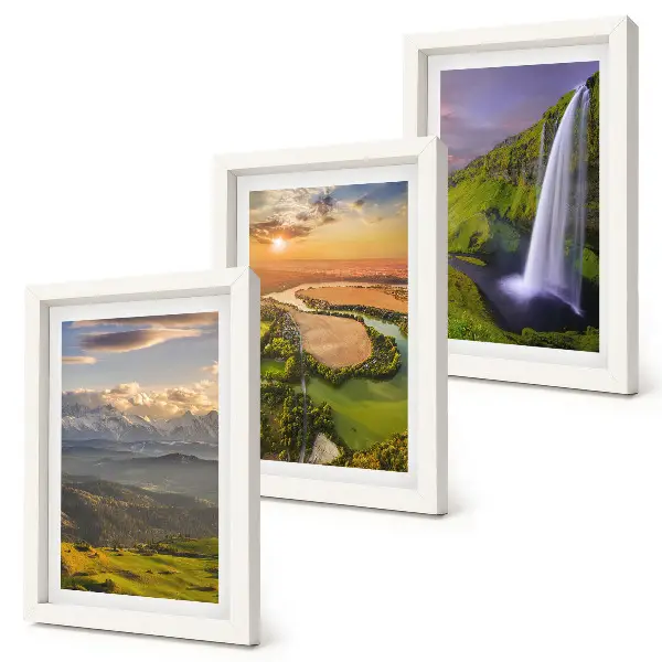 Photo frame wall featuring mountain river and waterfall nature views