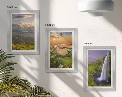 Photo frame wall featuring mountain river and waterfall nature views
