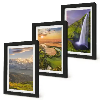 Photo frame wall featuring mountain river and waterfall nature views