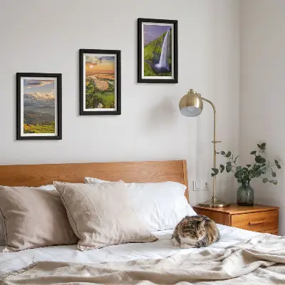 Photo frame wall featuring mountain river and waterfall nature views