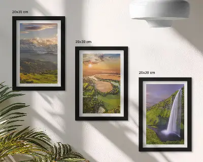 Photo frame wall featuring mountain river and waterfall nature views
