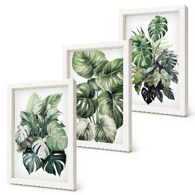 Framed triptych Green leaves of tropical plants watercolors
