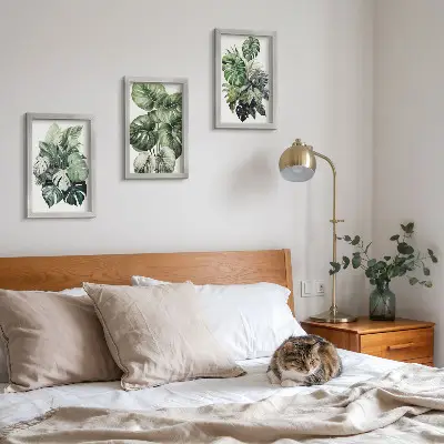 Tropical plant leaf watercolor triptych with frames