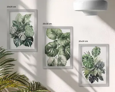 Tropical plant leaf watercolor triptych with frames