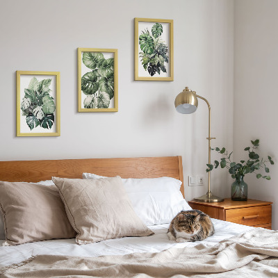 Framed triptych Green leaves of tropical plants watercolors