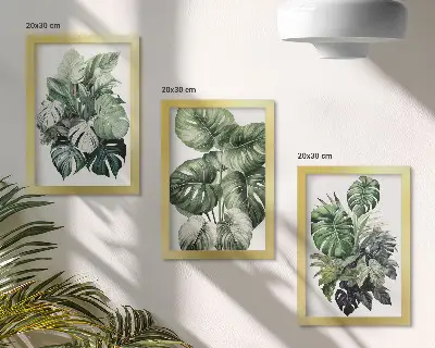 Tropical plant leaf watercolor triptych with frames