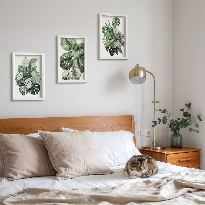 Framed triptych Green leaves of tropical plants watercolors