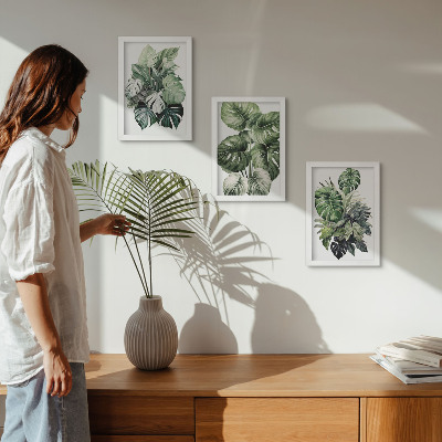 Framed triptych Green leaves of tropical plants watercolors