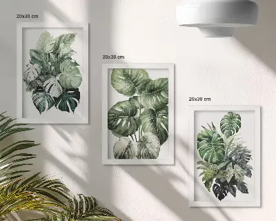 Tropical plant leaf watercolor triptych with frames