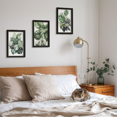 Framed triptych Green leaves of tropical plants watercolors