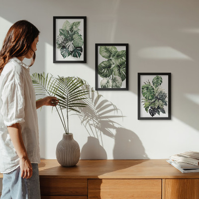 Framed triptych Green leaves of tropical plants watercolors
