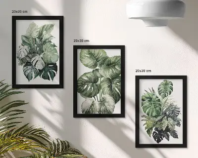 Tropical plant leaf watercolor triptych with frames