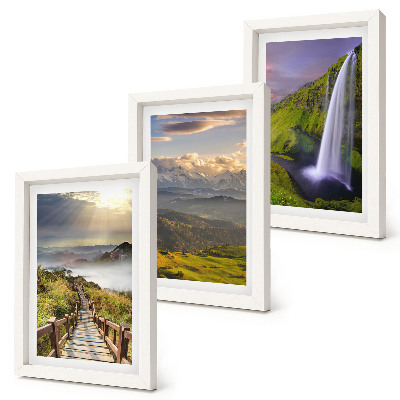 3-piece wall art set Picturesque mountain landscapes with a waterfall and a path