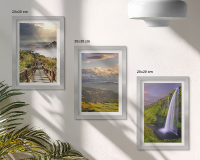 3-piece wall art set Picturesque mountain landscapes with a waterfall and a path