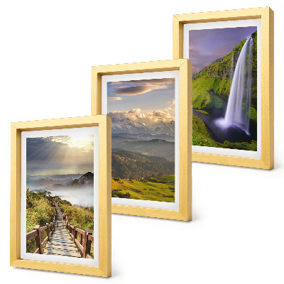 3-piece wall art set Picturesque mountain landscapes with a waterfall and a path