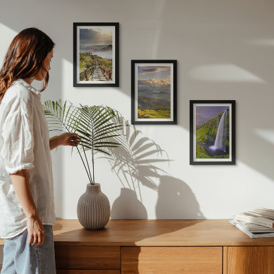 3-piece wall art set Picturesque mountain landscapes with a waterfall and a path