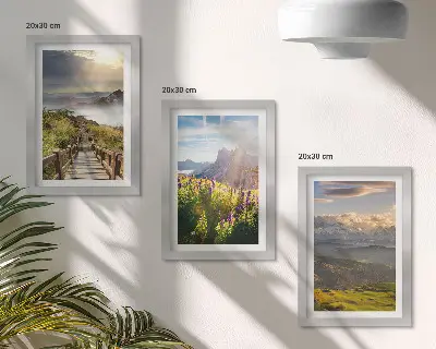 Photo frame wall gallery mountain landscapes featuring flowers, a clear sky, and a path