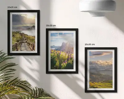 Photo frame wall gallery mountain landscapes featuring flowers, a clear sky, and a path