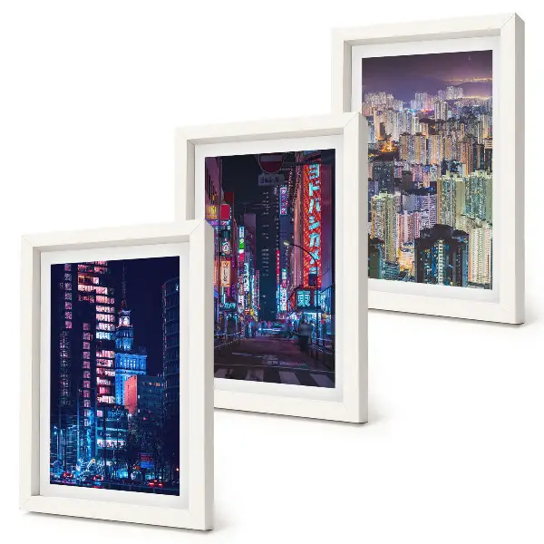 Night city skyline with neon lights triptych framed wall art set