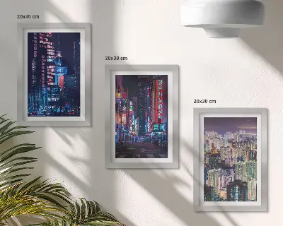 Night city skyline with neon lights triptych framed wall art set