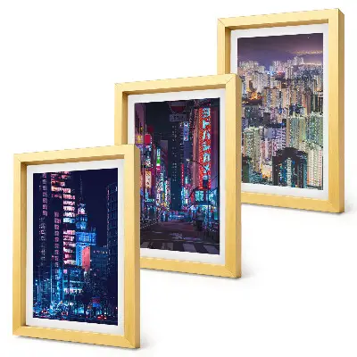 Night city skyline with neon lights triptych framed wall art set