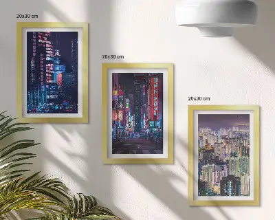 Night city skyline with neon lights triptych framed wall art set