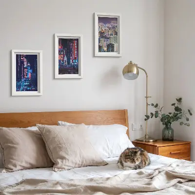 Night city skyline with neon lights triptych framed wall art set