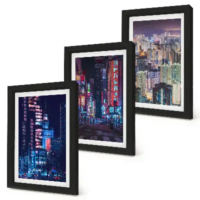 Night city skyline with neon lights triptych framed wall art set
